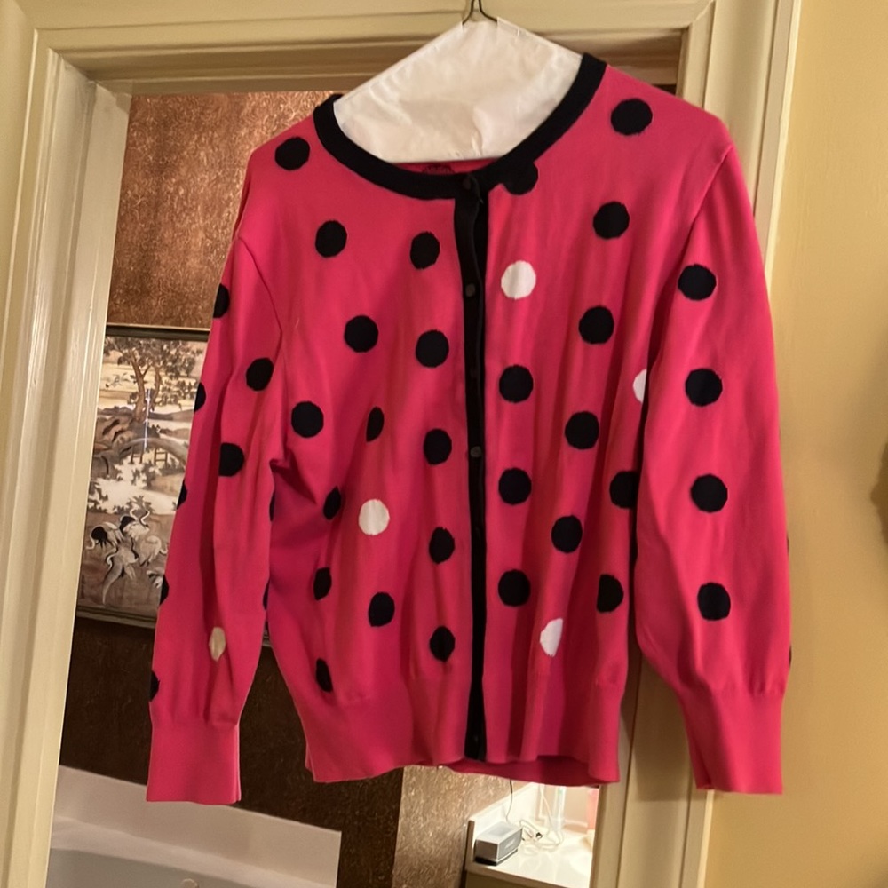 Hot pink sweater with navy blue and white polka dots